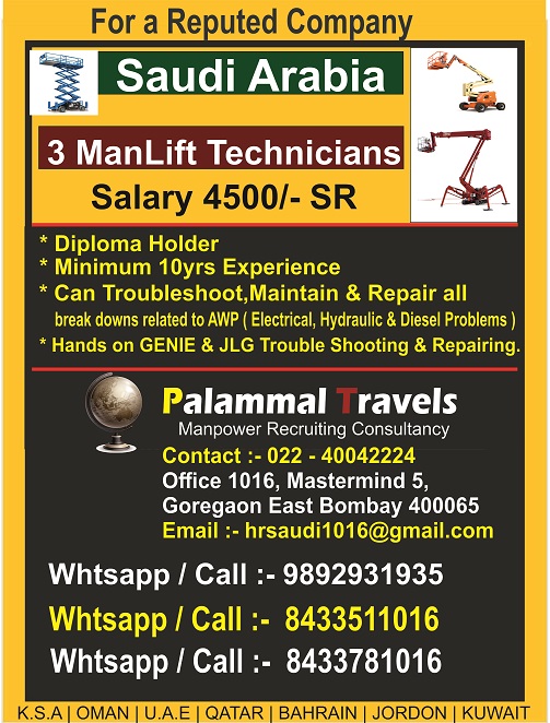 ManLift Technicians Saudi Arabia Palammal Travels +91-9892931935-885f7b58