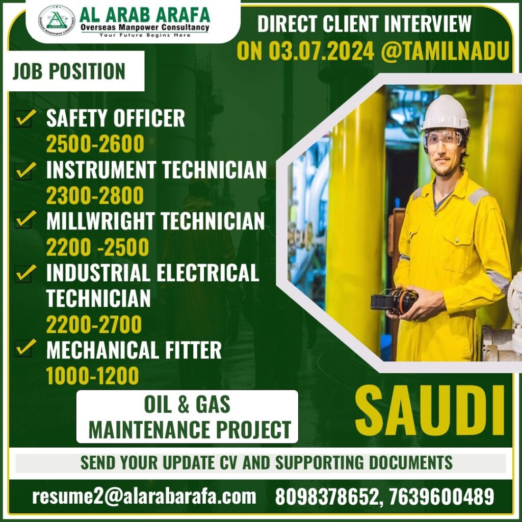 Oil and Gas Jobs in Saudi 03-07-24 Direct Client Interview at Tamilnadu