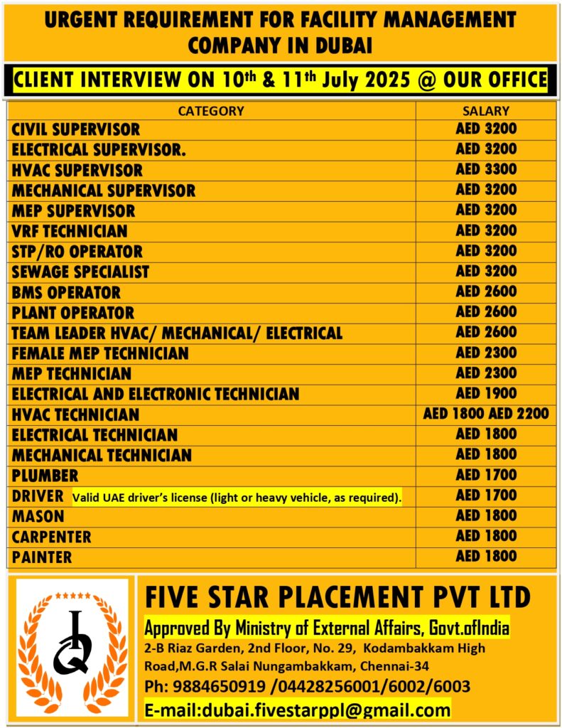 URGENT REQUIREMENT FOR DUBAI