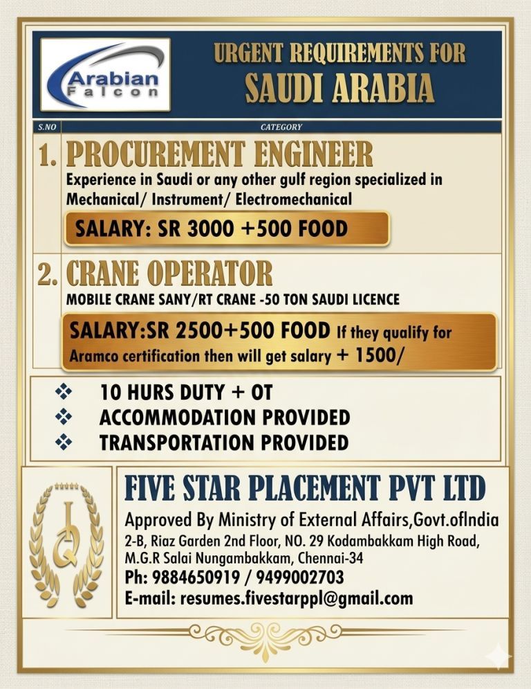 URGENT REQUIREMENT FOR SAUDI ARABIA