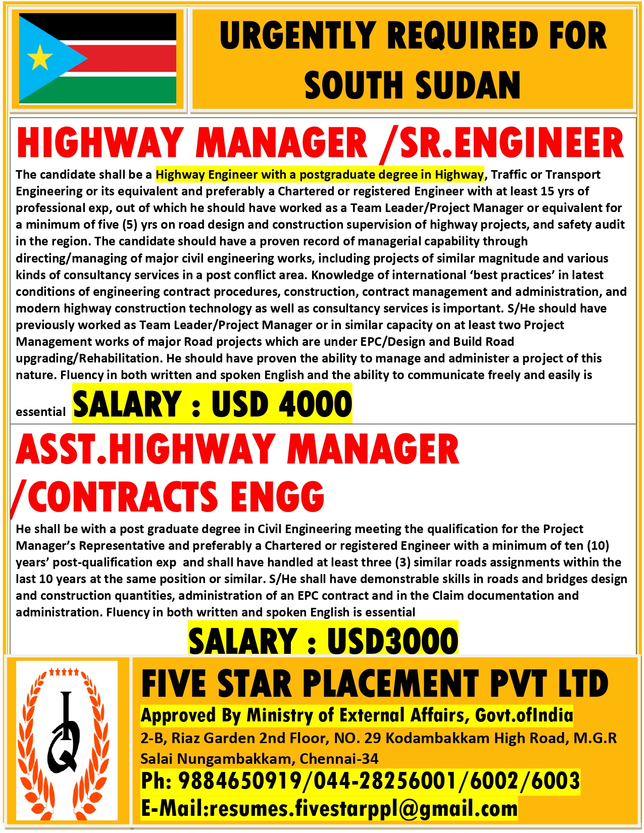 URGENT REQUIREMENT FOR SOUTH SUDAN