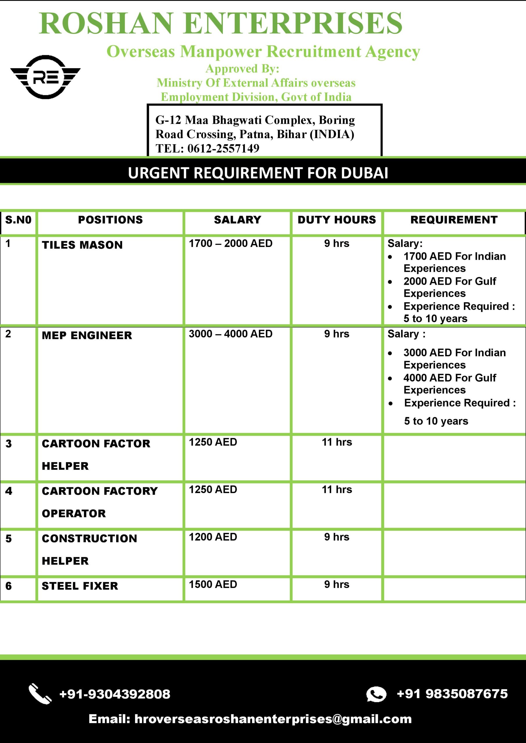 URGENT REQURIMENT FOR DUBAI