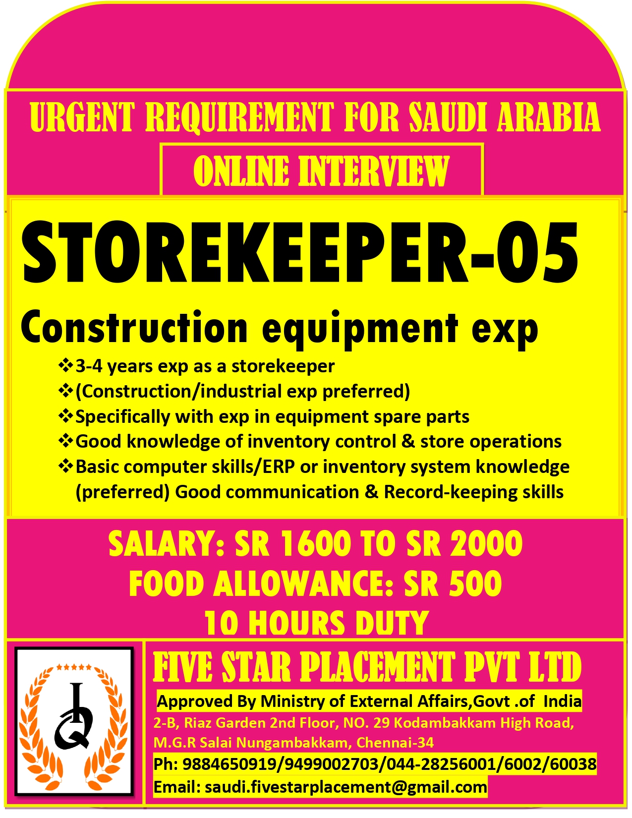 URGENT REQUIREMENT FOR SAUDI ARABIA