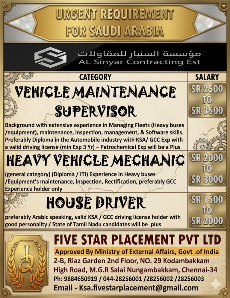URGENT REQUIREMENT FOR SAUDI ARABIA