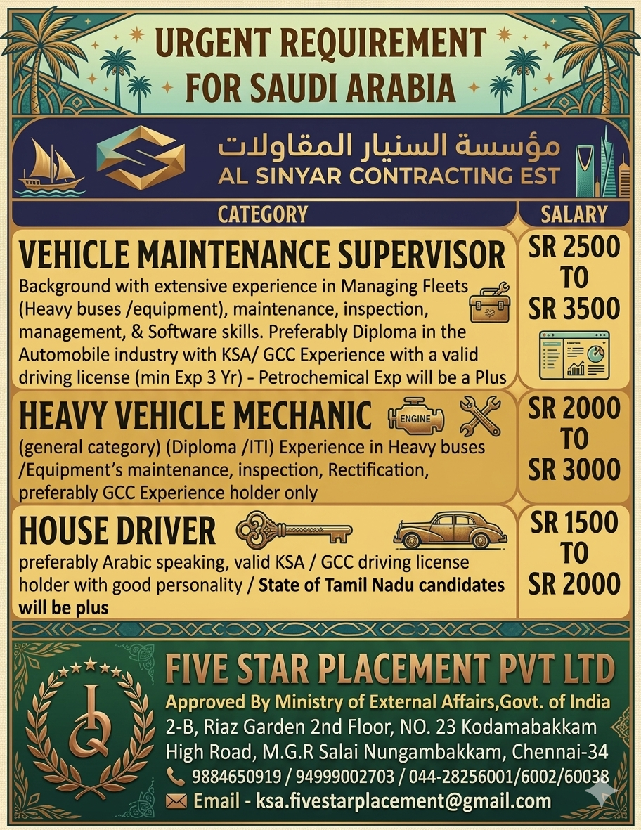 URGENT REQUIREMENT FOR SAUDI ARABIA