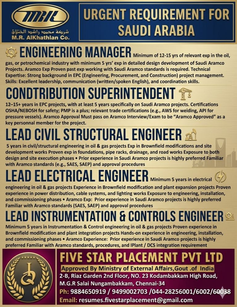 URGENT REQUIREMENT FOR SAUDI ARABIA