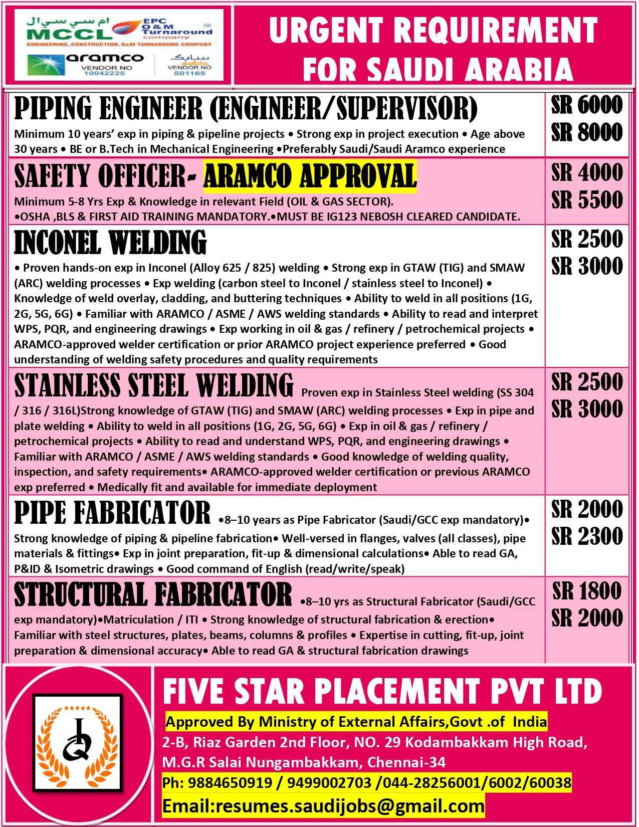 URGENT REQUIREMENT FOR SAUDI ARABIA