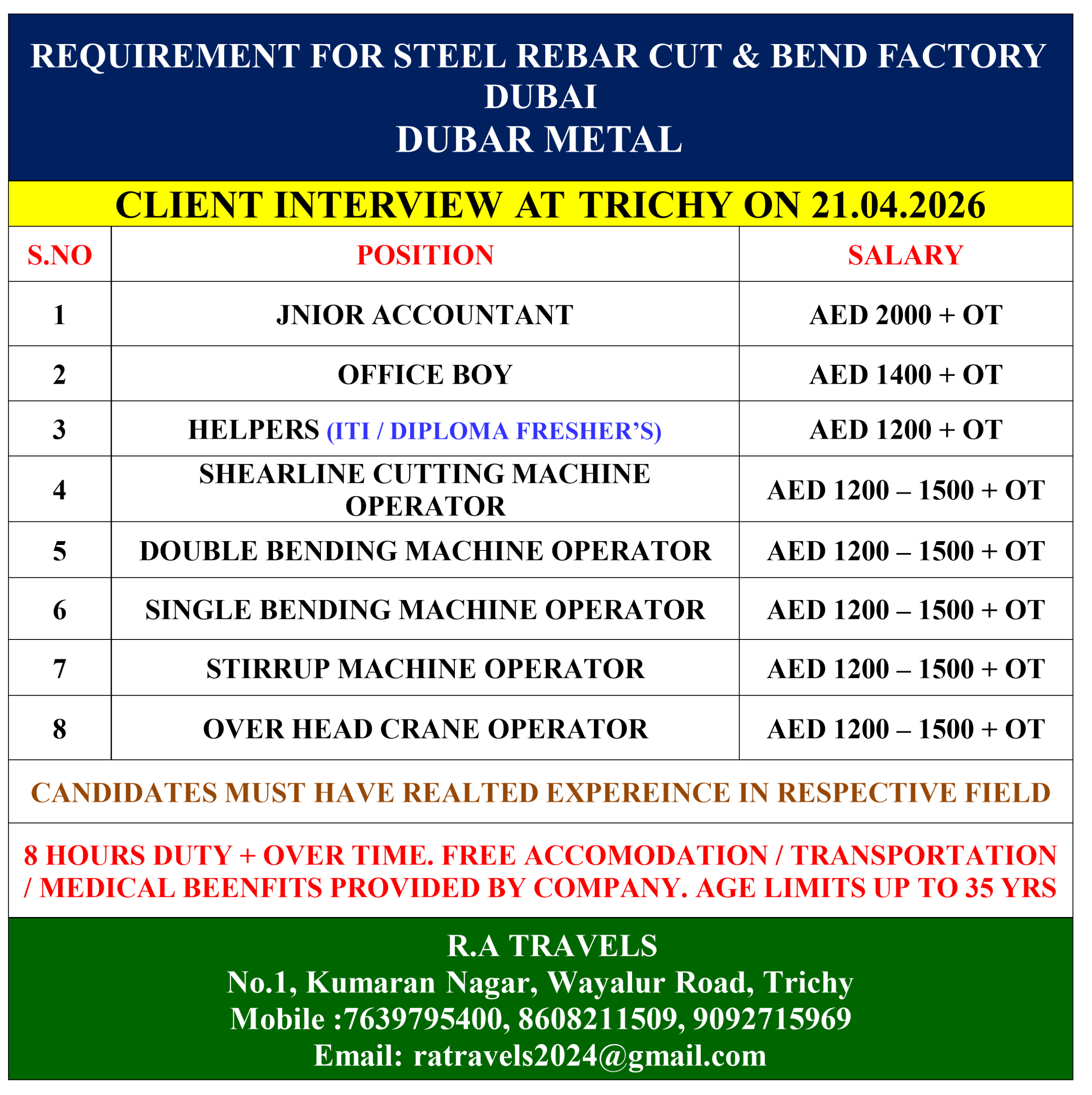 REQUIREMENT FOR STEEL REBAR CUT & BEND FACTORY DUBAI DUBAR METAL