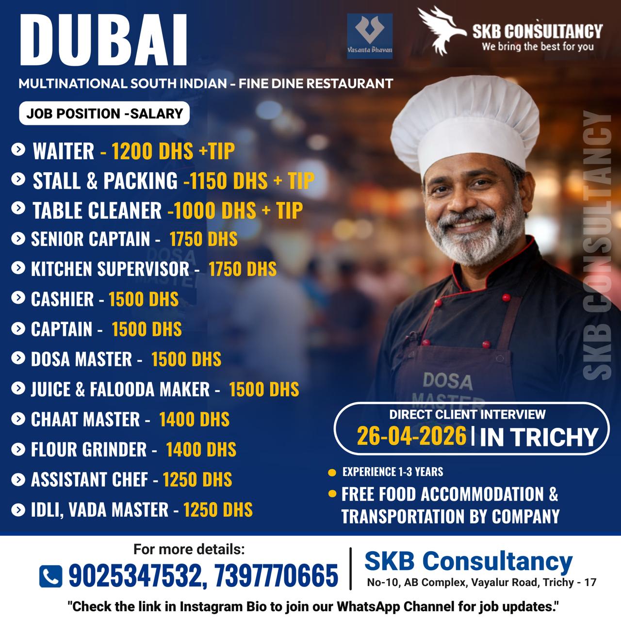 HIRING FOR VASANTHA BHAVAN RESTUARANT