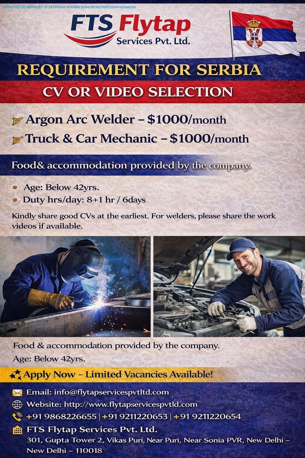 🚨 Immediate Hiring for Serbia – Welder & Mechanic 🇷🇸 [Consultancy Name: Flytap Services Pvt. Ltd.] CV or Video Selection.