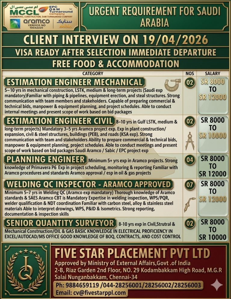URGENT REQUIREMENT FOR SAUDI ARABIA CLIENT INTERVIEW ON 19/04/2026 @ CHENNAI
