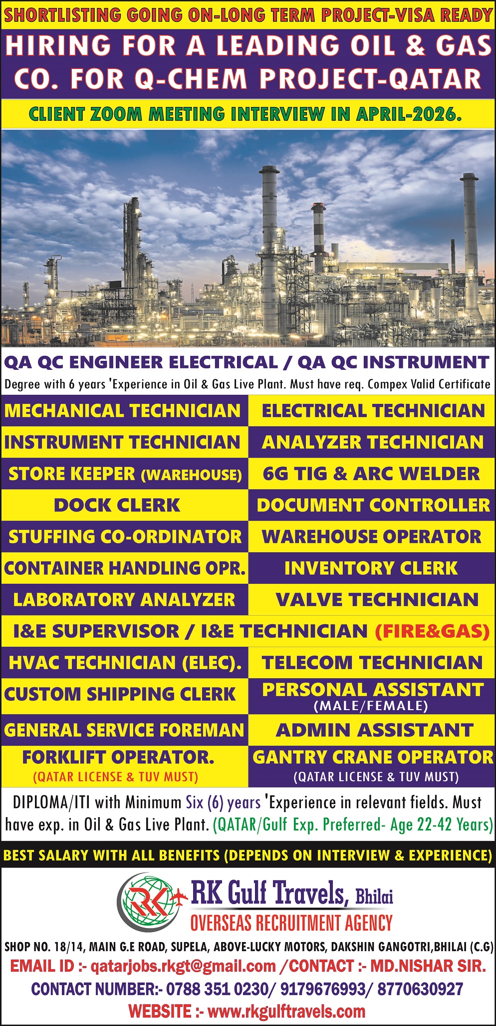 HIRING FOR A LEADING OIL & GAS COMPANY FOR THEIR  Q-CHEM PROJECT – QATAR
