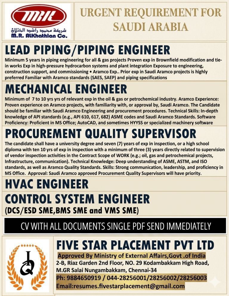 URGENT REQUIREMENT FOR SAUDI ARABIA