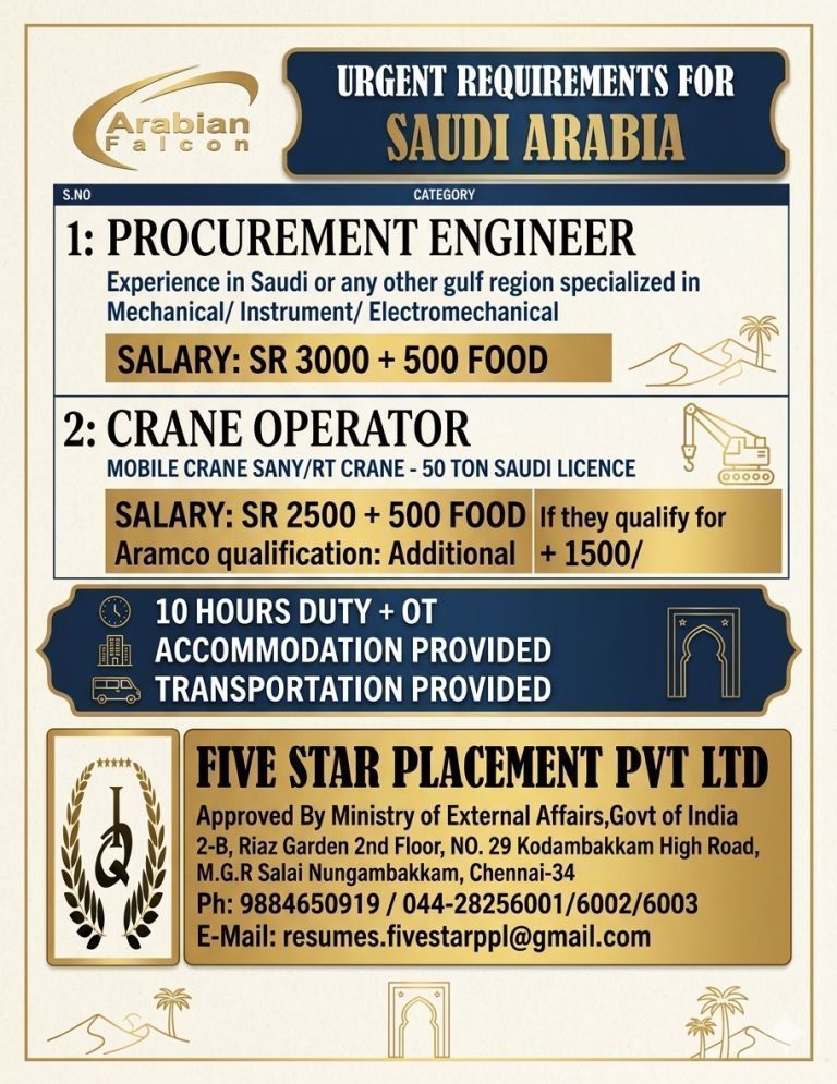 URGENT REQUIREMENT FOR SAUDI ARABIA