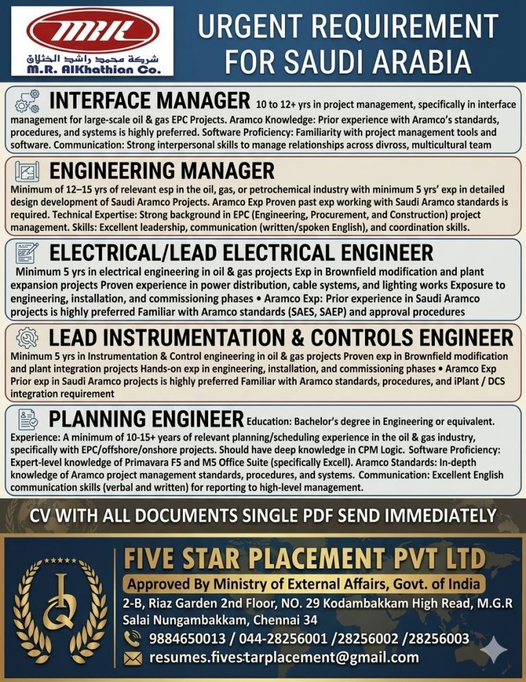 URGENT REQUIREMENT FOR SAUDI ARABIA