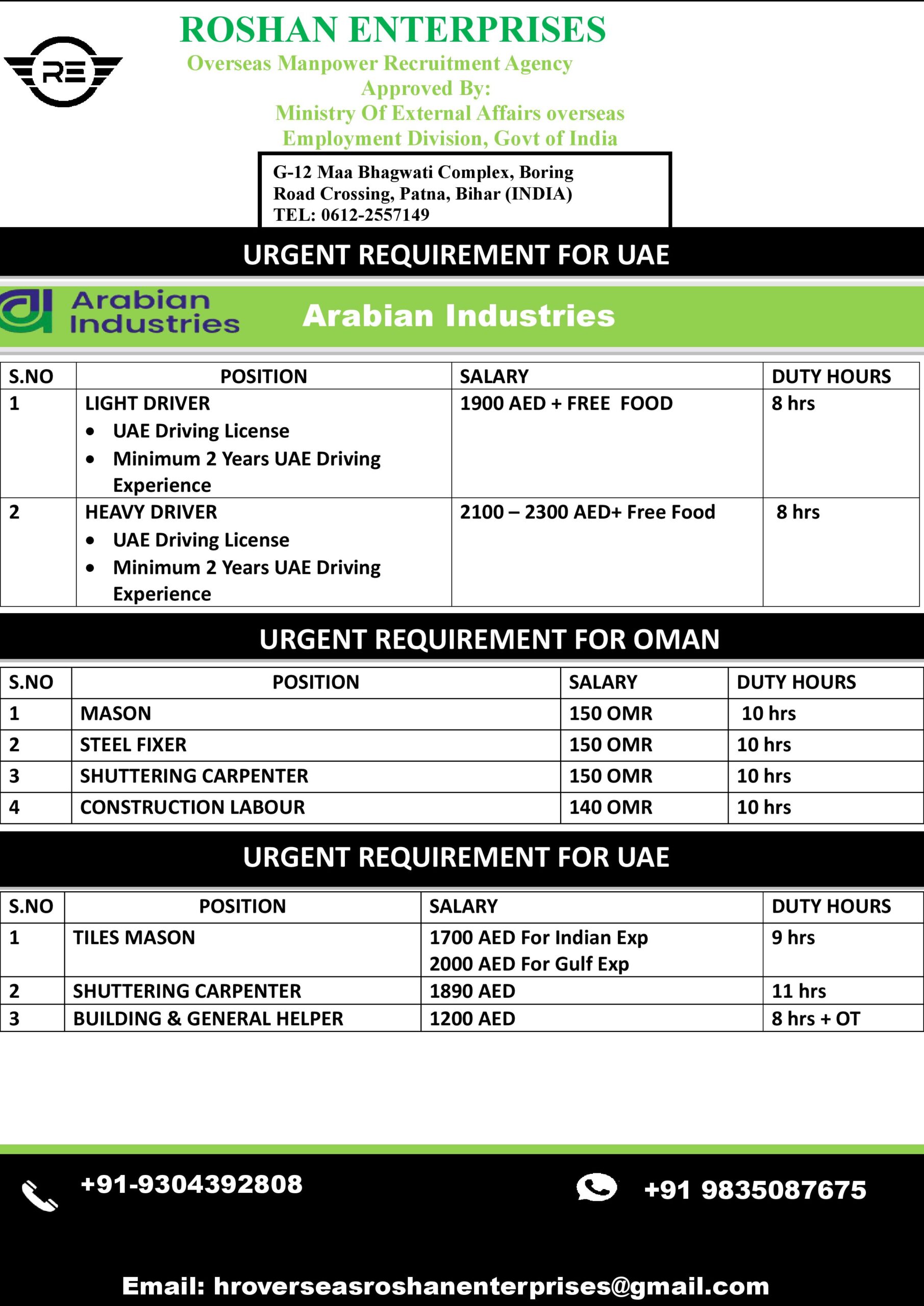 URGENT REQURIMENT FOR UAE / OMAN