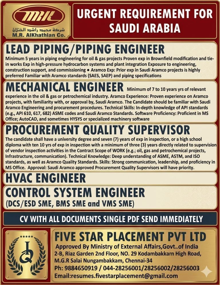 URGENT REQUIREMENT FOR SAUDI ARABIA