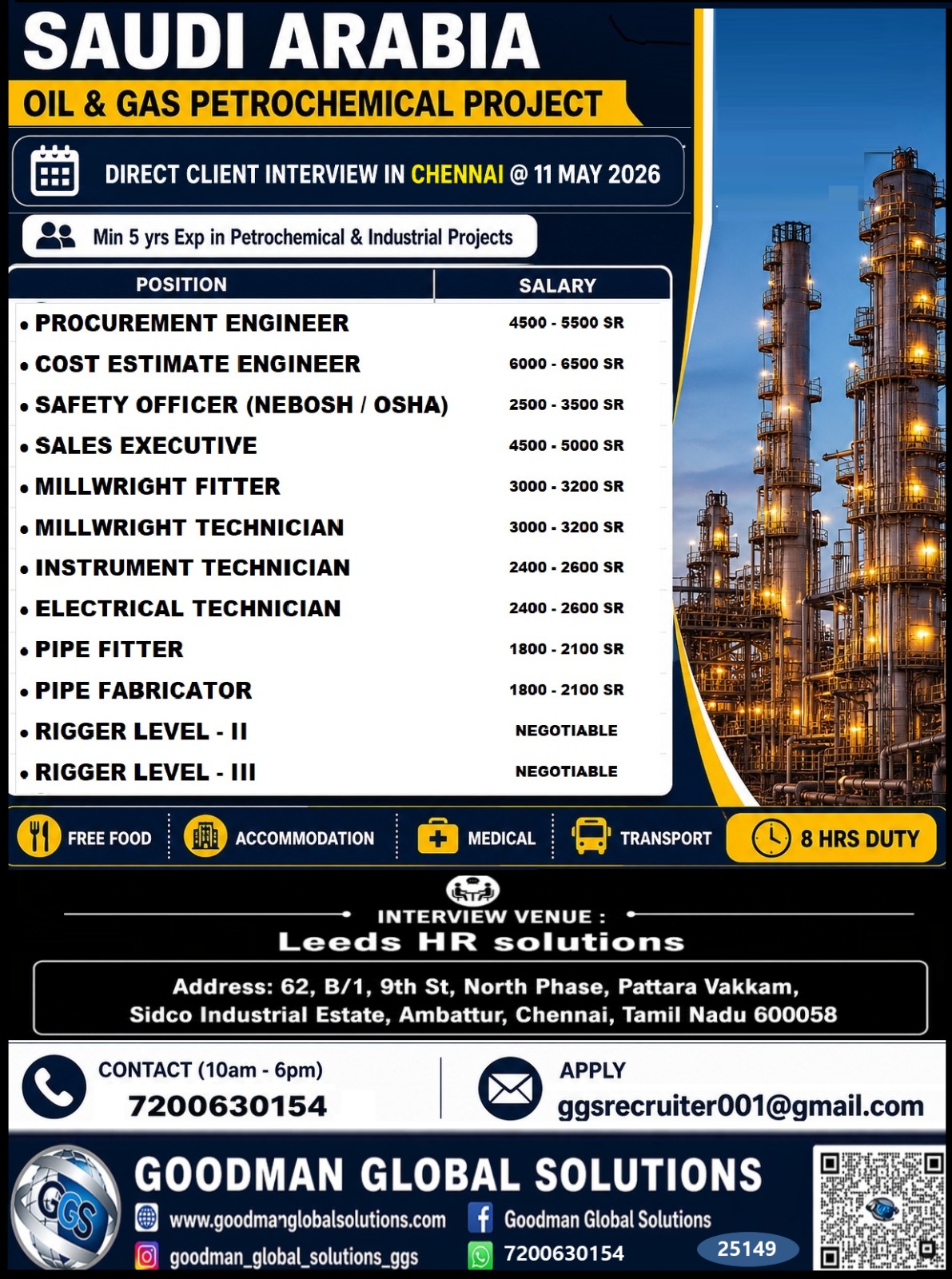 HIRING FOR SAUDI ARABIA  OIL & GAS  PETROCHEMICAL PROJECT  DIRECT CLIENT  INTERVIEW IN CHENNAI @ 11-05-2026 