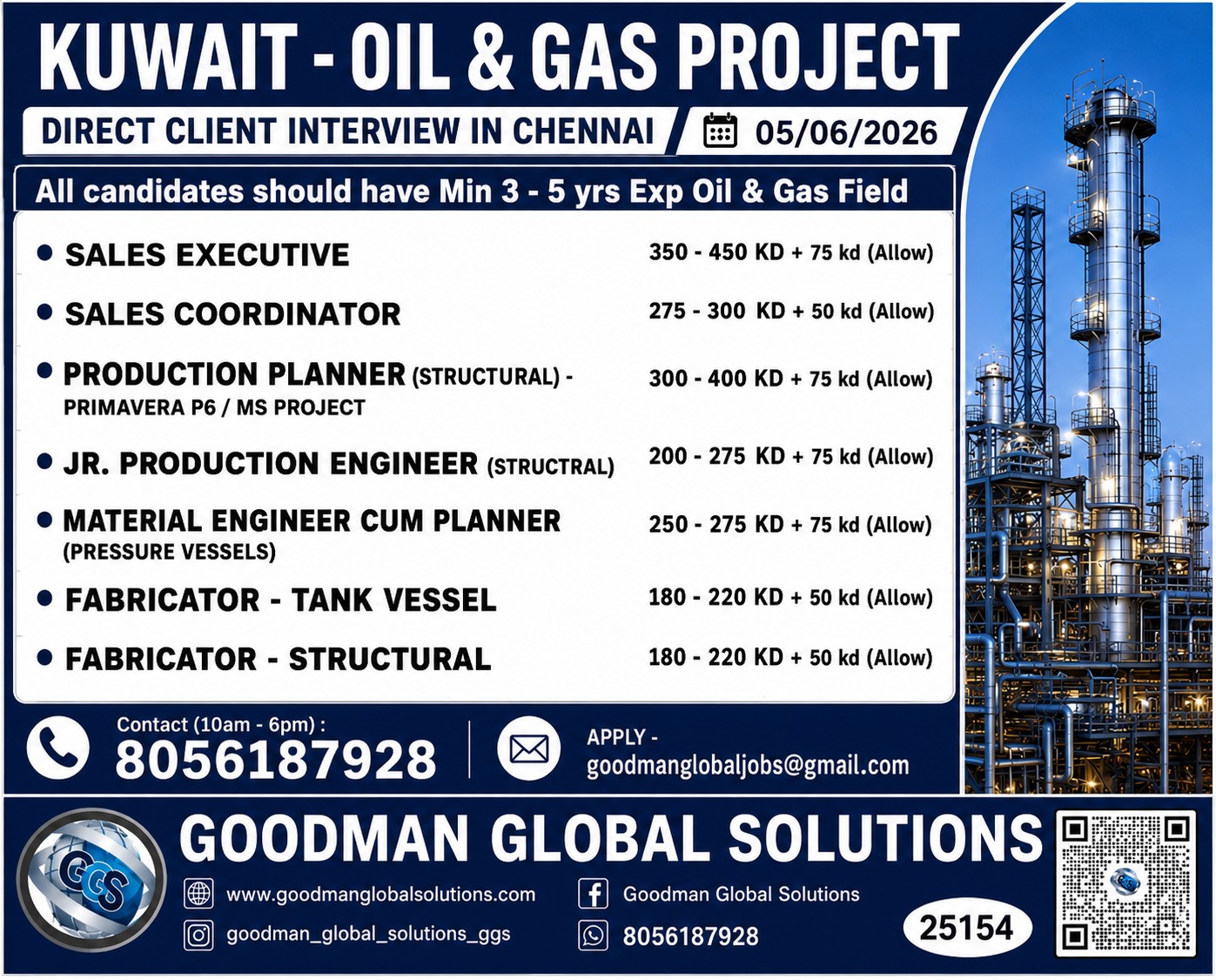 URGENT REQUIREMENT – KUWAIT – LONG TERM DIRECT CLIENT INTERVIEW IN CHENNAI ON 05/06/2026