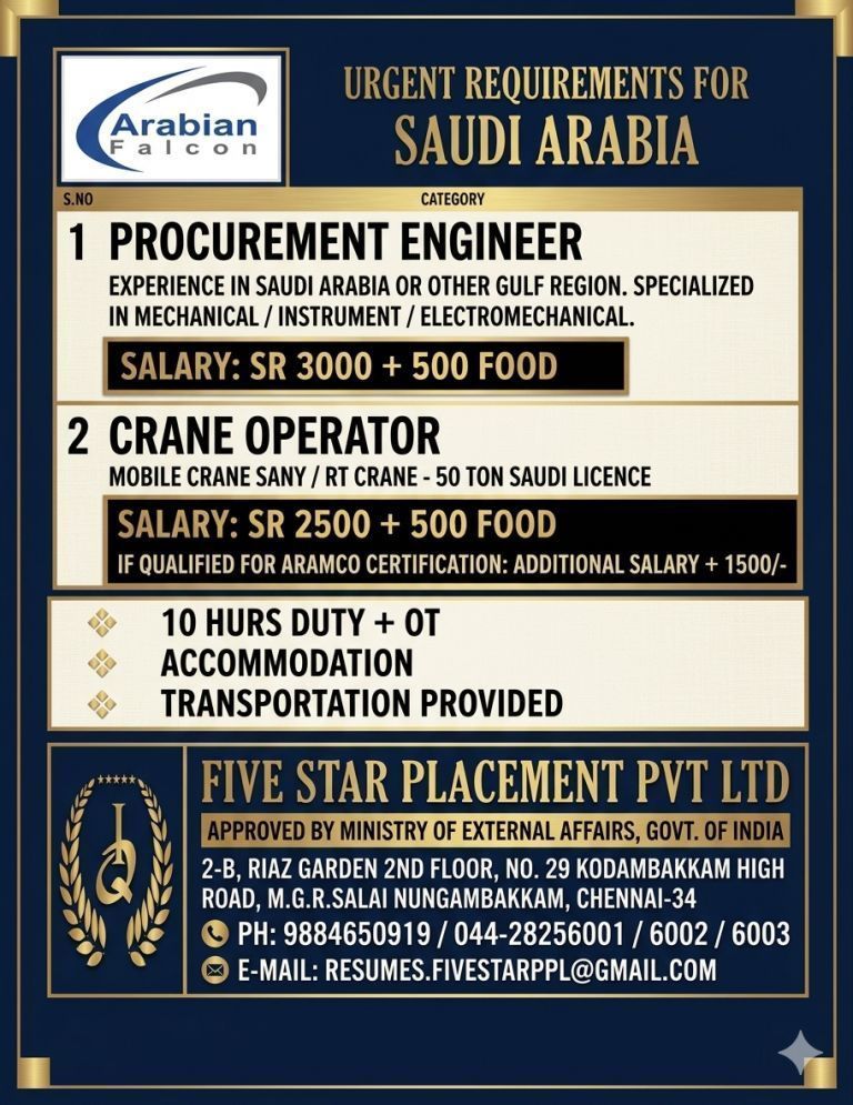 URGENT REQUIREMENT FOR SAUDI ARABIA