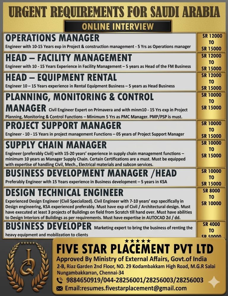 URGENT REQUIREMENT FOR SAUDI ARABIA