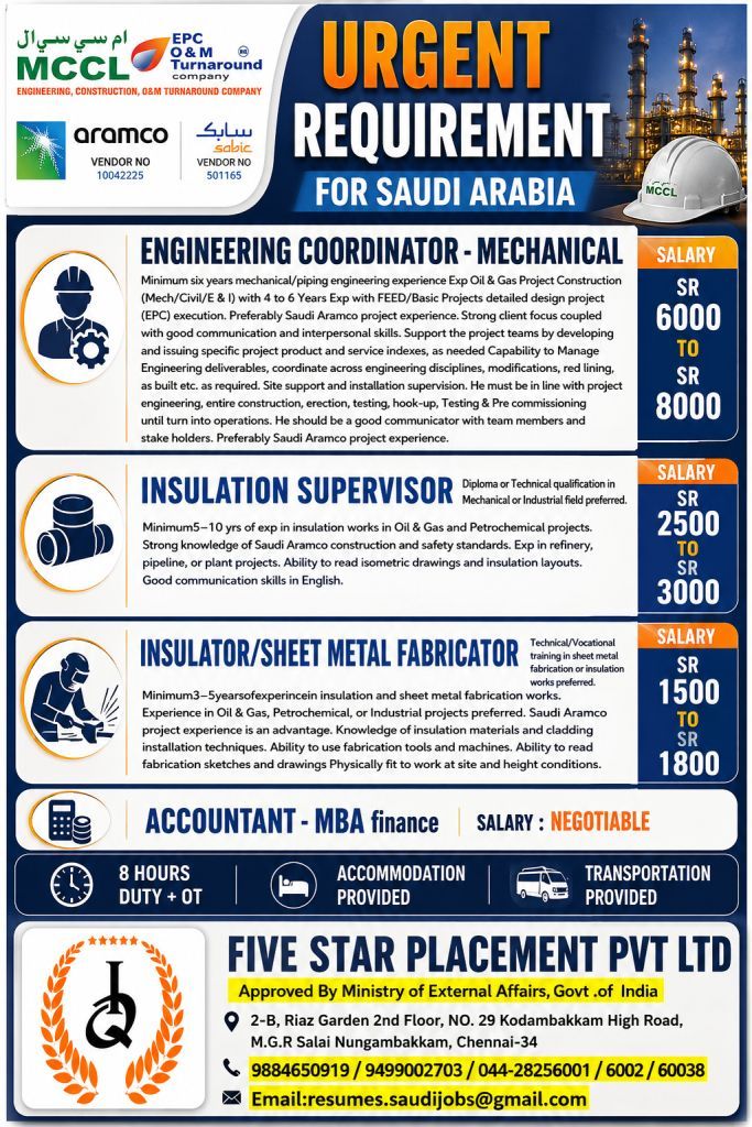 URGENT REQUIREMENT FOR SAUDI ARABIA