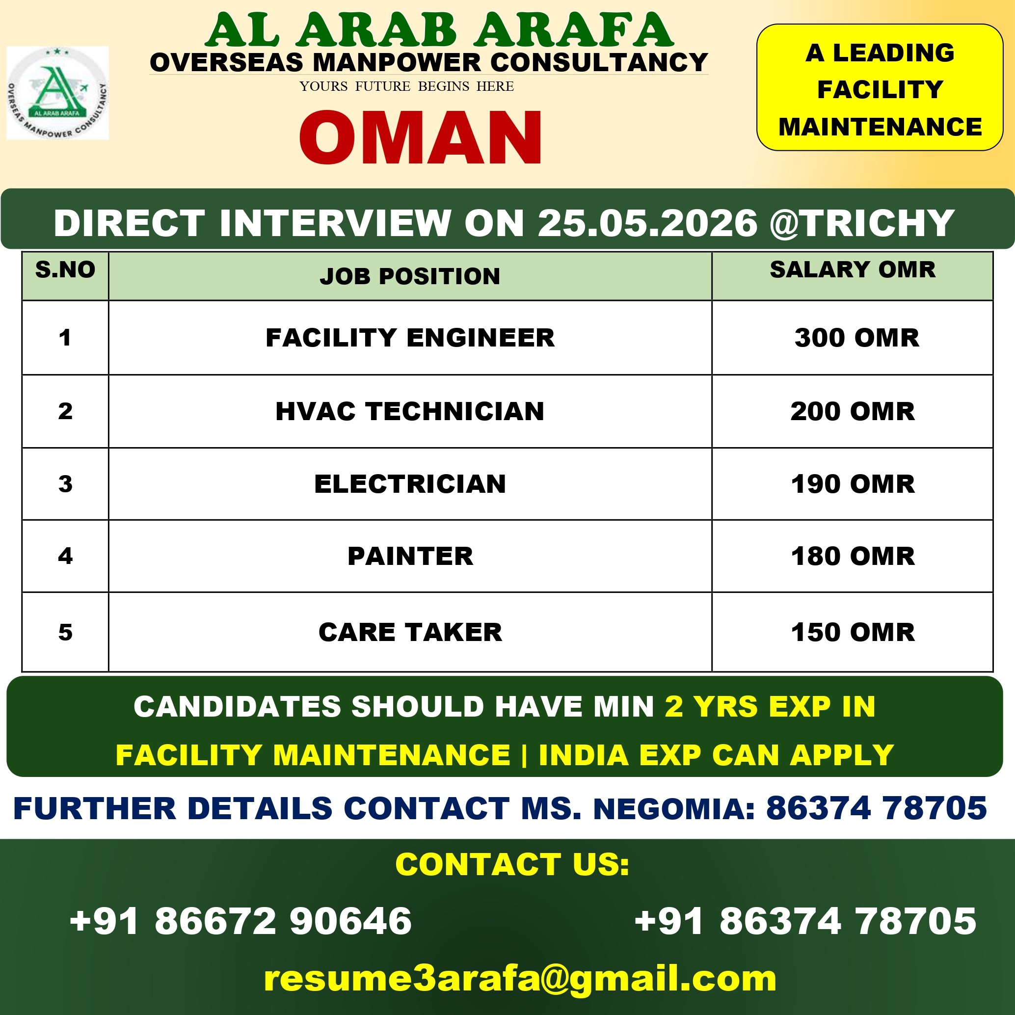 DIRECT INTERVIEW ON 25.05.2026 @ TRICHY