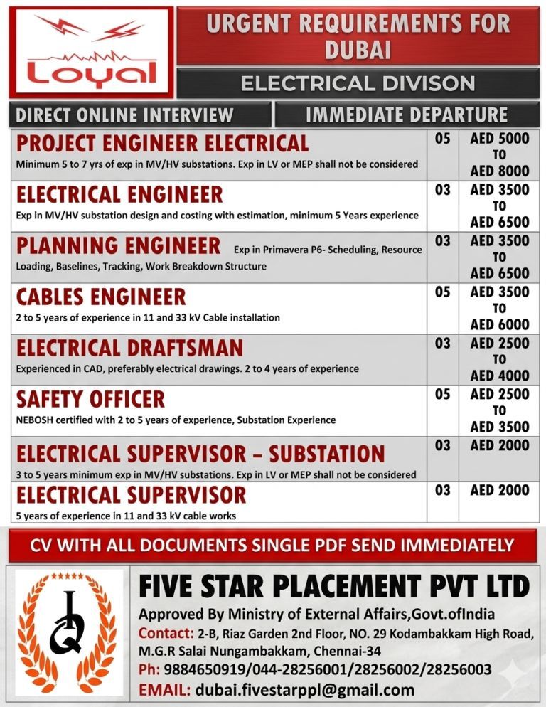 URGENT REQUIREMENT FOR DUBAI – ELECTRICAL DIVISON