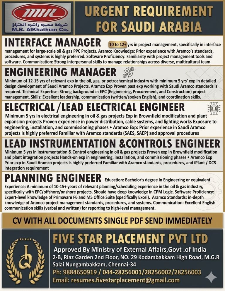 URGENT REQUIREMENT FOR SAUDI ARABIA