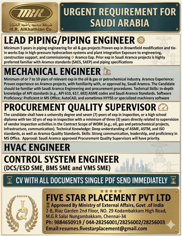 URGENT REQUIREMENT FOR SAUDI ARABIA