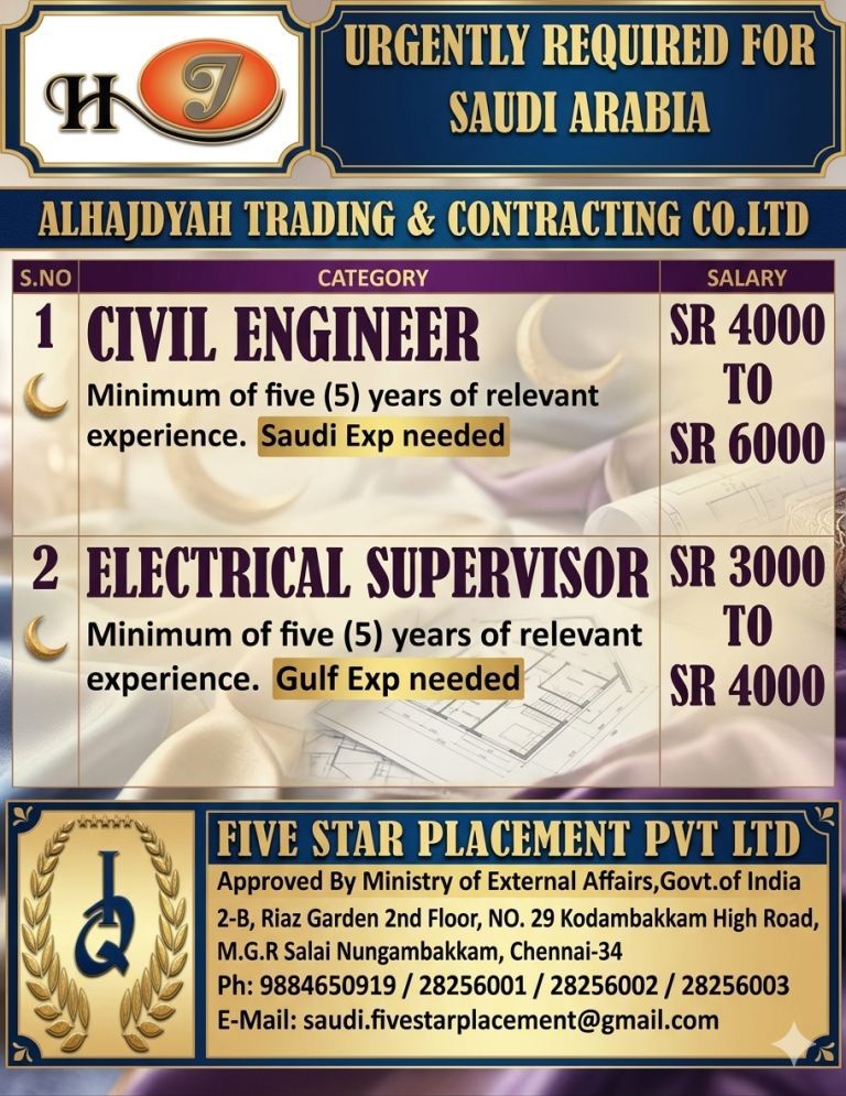URGENT REQUIREMENT FOR SAUDI ARABIA