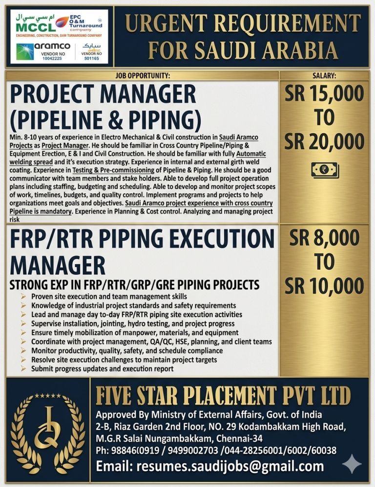 URGENT REQUIREMENT FOR SAUDI ARABIA