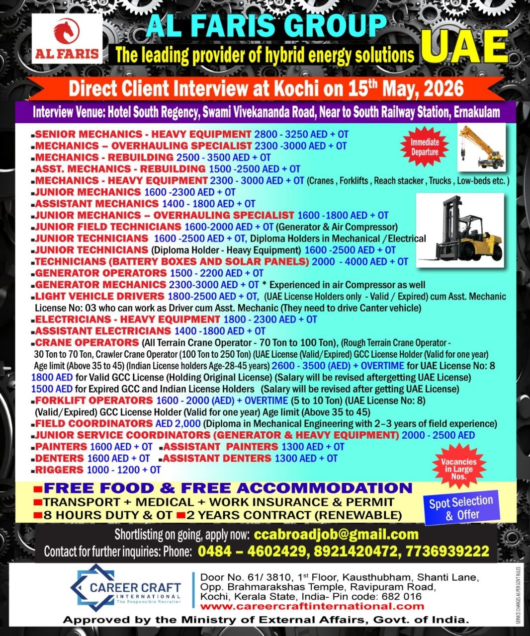 Client Interview at Kochi (Opp. South Railway Station) on 15th May, 2026 for Al Faris Group, UAE –