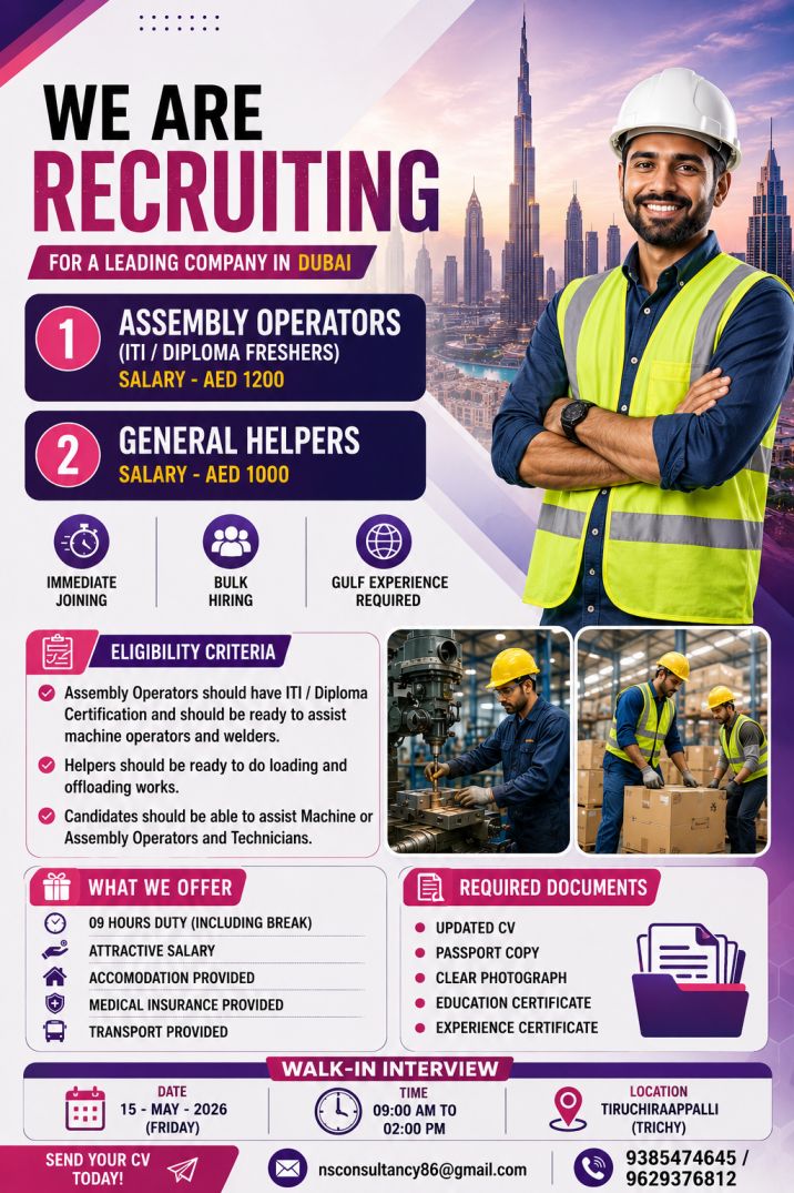 Urgent Dubai Jobs for Assembly Operators & General Helpers | Gulf Jobs 2026