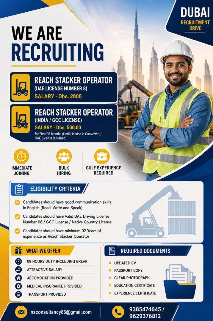 Job Title Urgent Dubai Jobs for Reach Stacker Operators | UAE & GCC License Holders Required