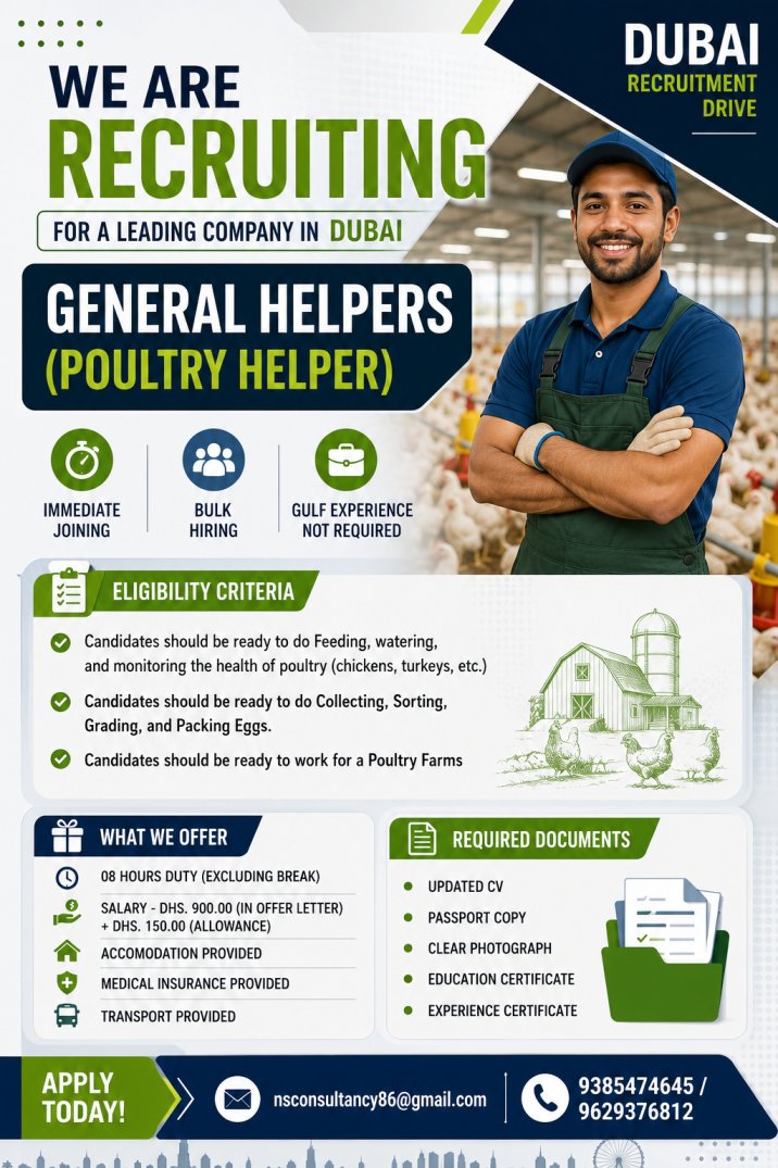 Urgent Dubai Jobs for Poultry Farm General Helpers | Immediate Hiring 2026