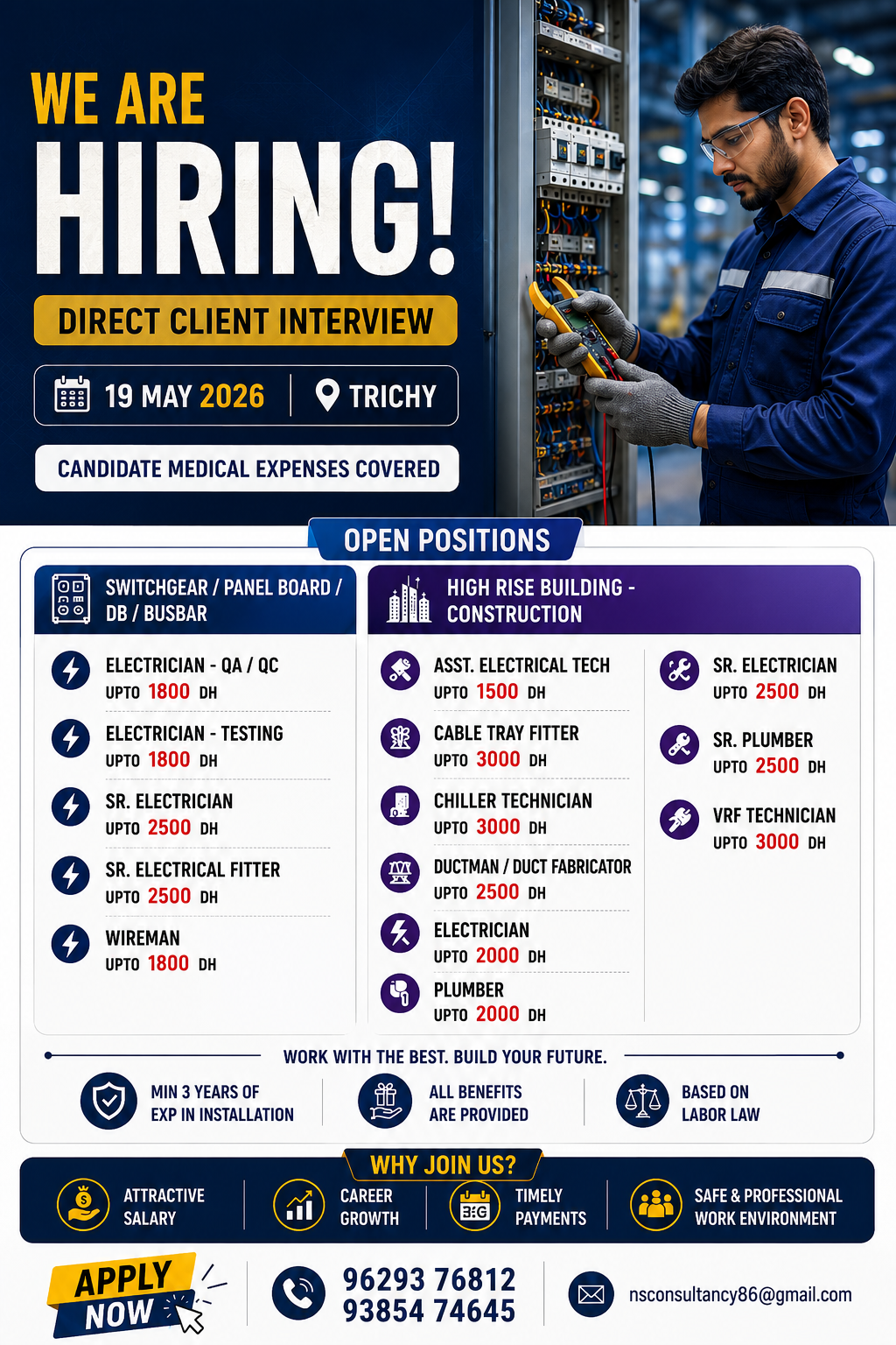 Urgent UAE Electrical & Construction Jobs | Electrician, Chiller Technician, Plumber & Cable Tray Fitter Vacancies 2026