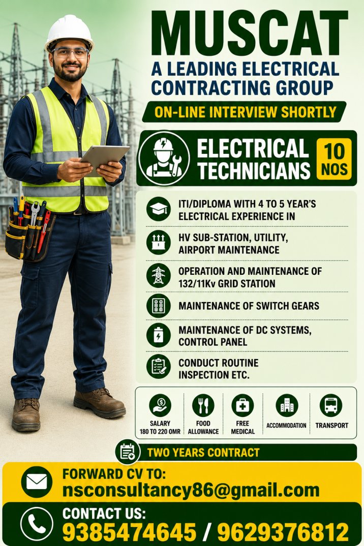 Urgent Muscat Electrical Technician Jobs 2026 | Electrical Contracting Company Hiring