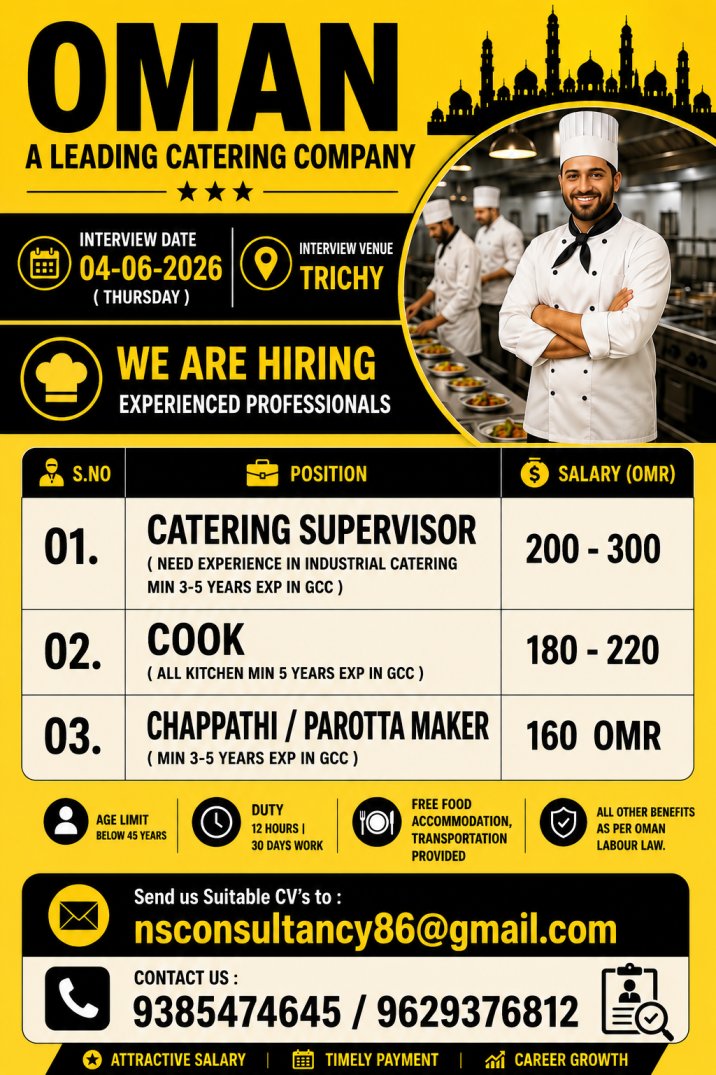 **Urgent Oman Catering Jobs 2026 | Catering Supervisors, Cooks & Parotta Makers Hiring**