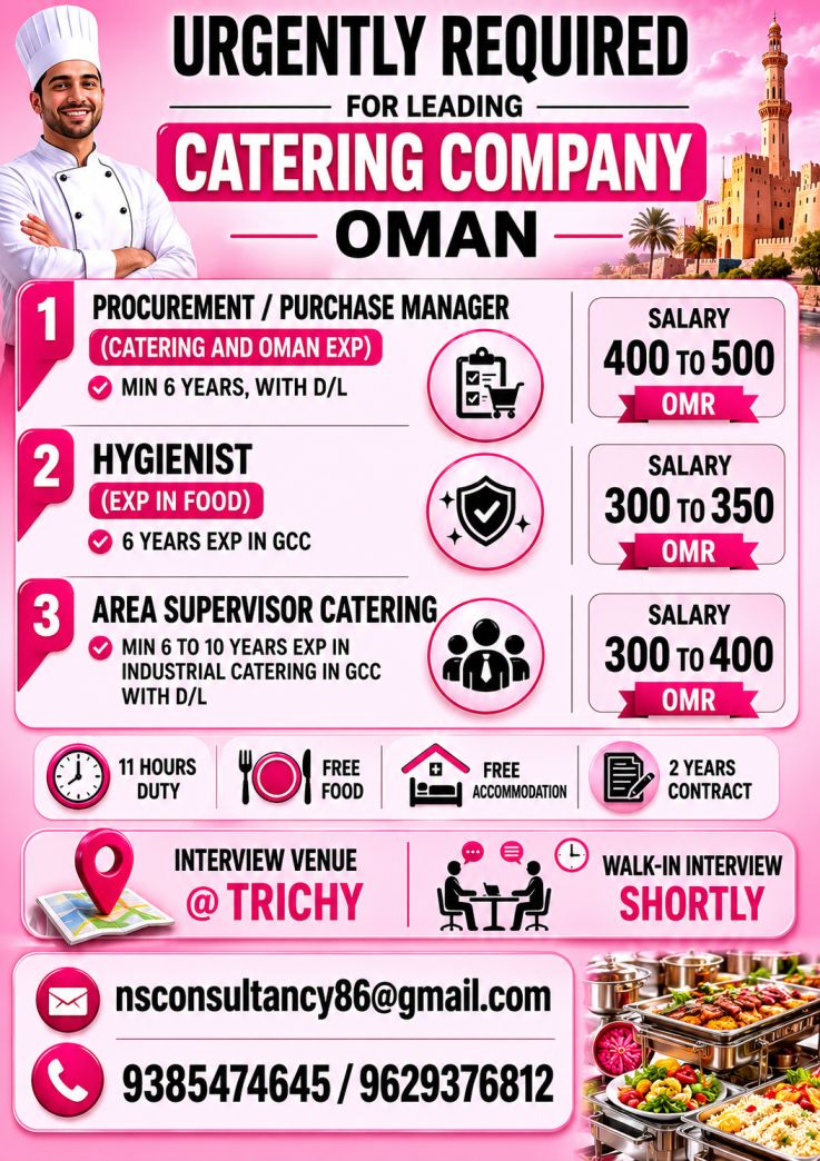 **Urgent Oman Catering Jobs 2026 | Procurement Managers, Hygienists & Area Supervisors Hiring**