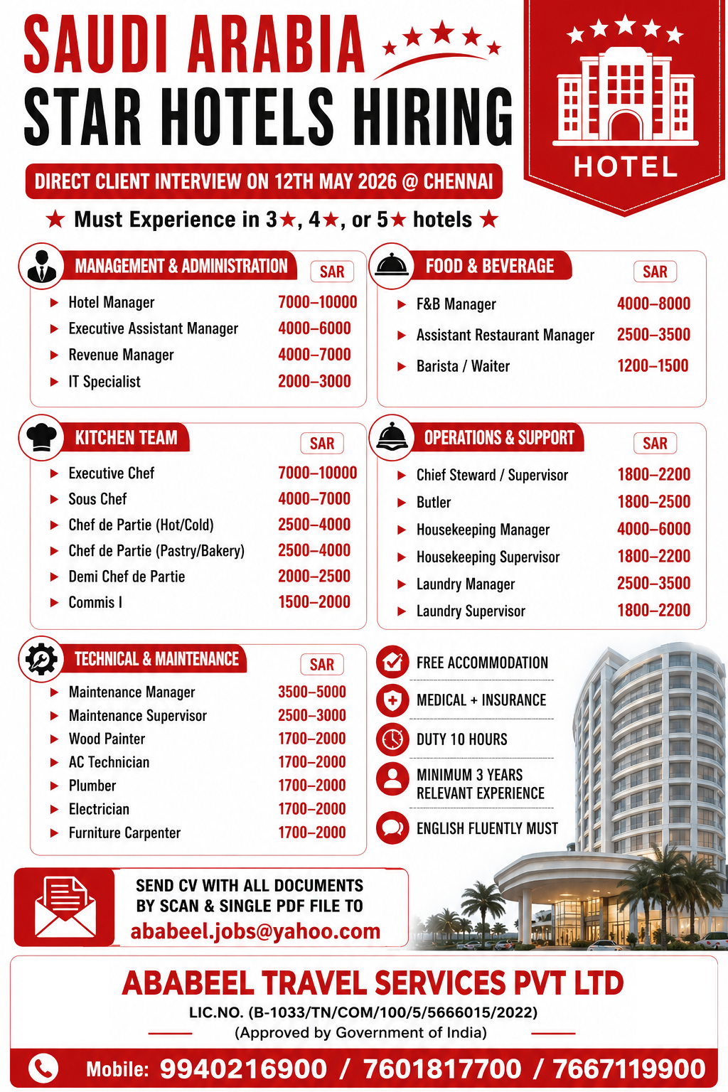 Saudi Arabia Star Hotels Hiring – Direct Interview in Chennai (May 12, 2026)