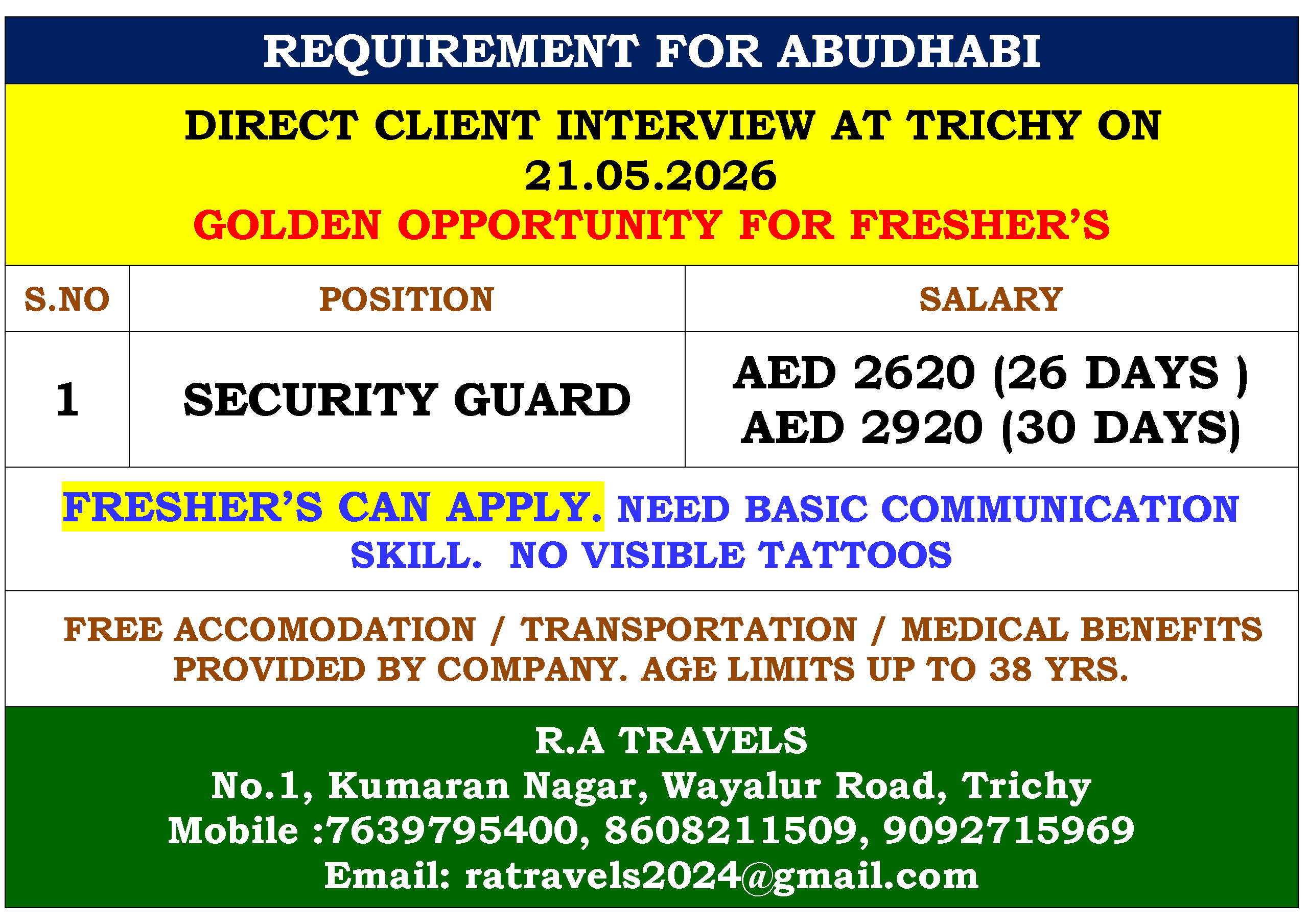 REQUIREMENT FOR ABUDHABI