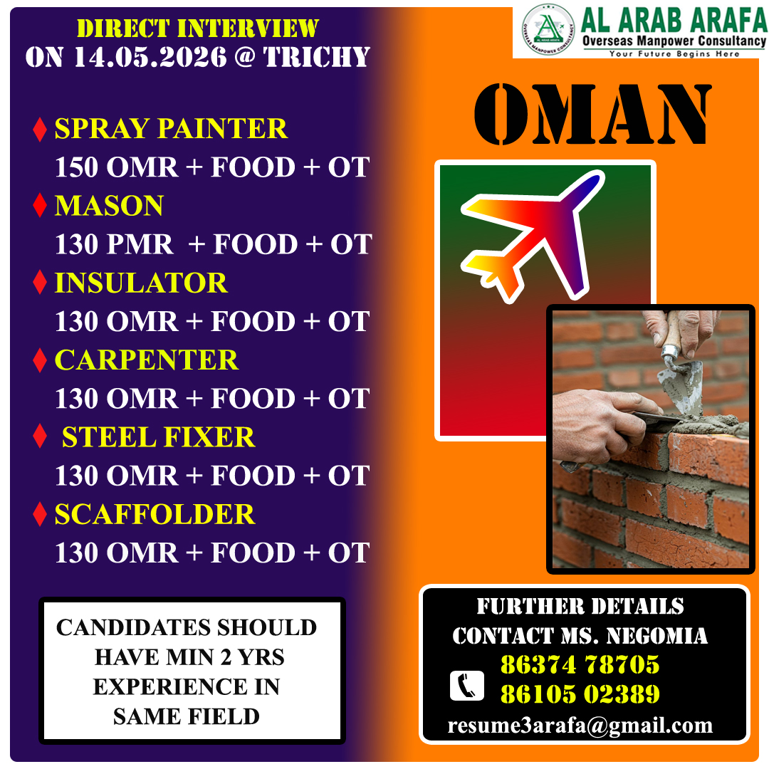FURTHER DETAILS KINDLY CONTACT MR.NEGOMIA: 8637478705 MAIL ID :resume4@alarabarafa.com