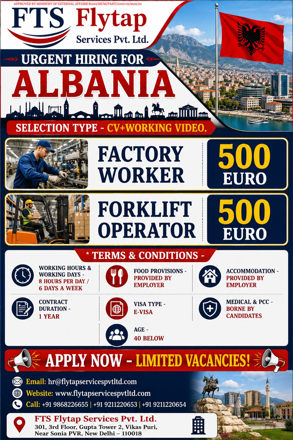 🚨 Urgent Hiring for Albania 🇦🇱 FLYTAP SERVICES PVT. LTD. CV OR VIDEO SELECTION