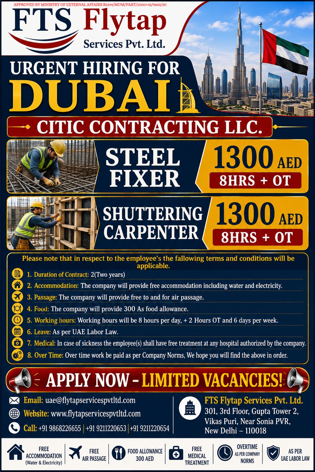 🚨 Urgent Hiring for Dubai – CITIC Contracting LLC. 🇦🇪 Flytap Services Pvt. Ltd. CV Selection