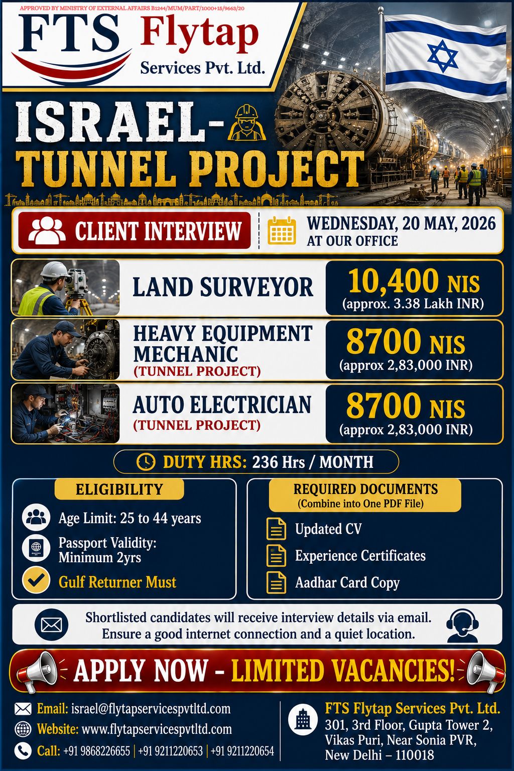 🚨 Urgent Hiring for Israel – Tunnel Project 🇮🇱 Flytap Services Pvt. Ltd. Client Interview 20th May 2026