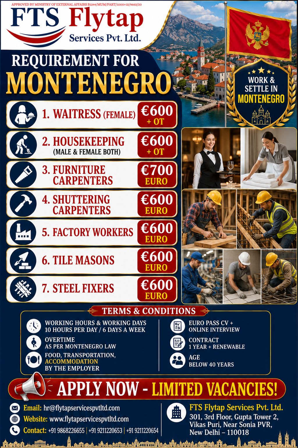 🚨 Immediate Hiring for Montenegro – Multiple Positions 🇲🇪 Flytap Services Pvt. Ltd.