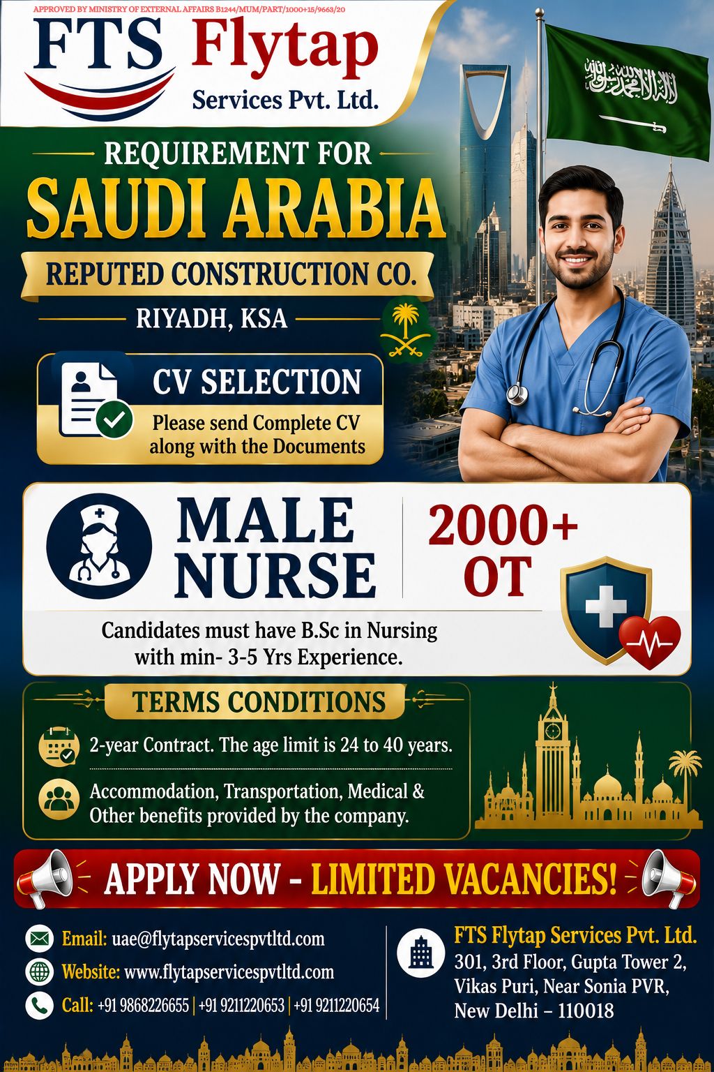 🚨 Urgent Hiring for Saudi Arabia – Riyadh, KSA 🇸🇦 FLYTAP SERVICES PVT. LTD.