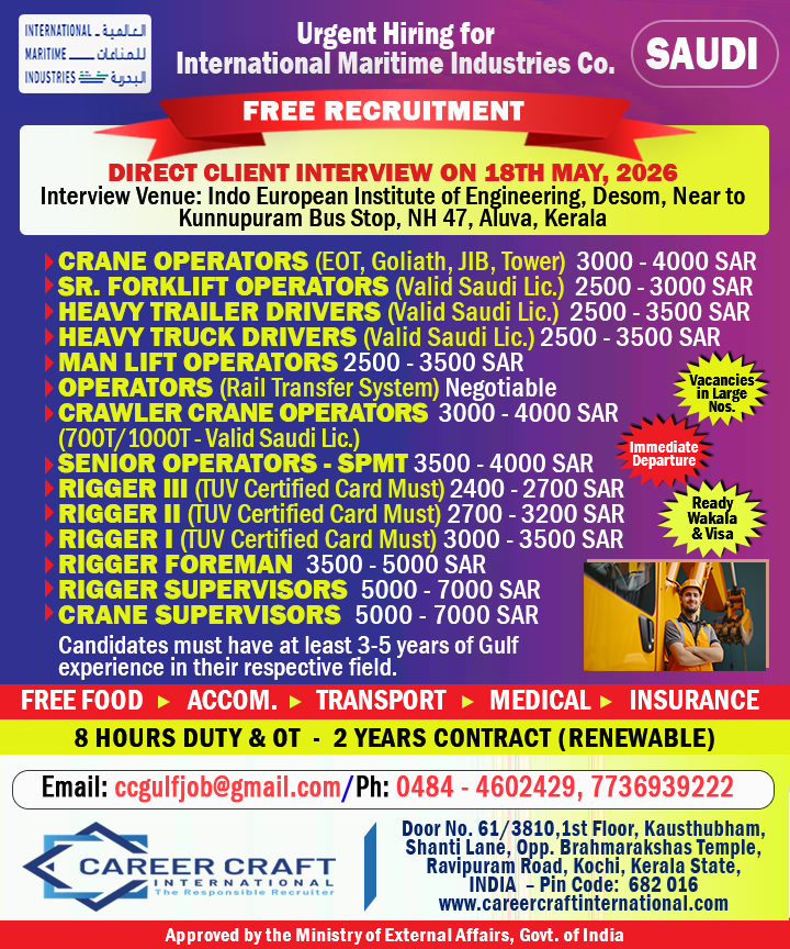 Client Interview in Kerala for IMI, SAUDI ARABIA on 18th May, 2026