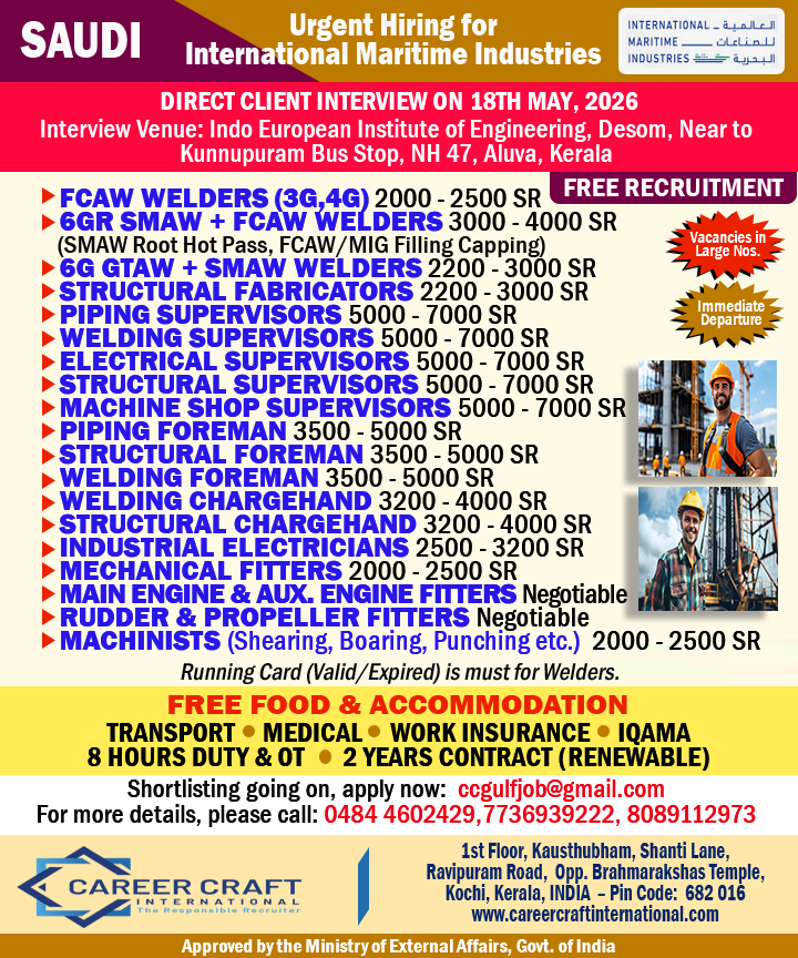 Client Interview at Kochi on 18th May, 2026 for IMI, SAUDI ARABIA –